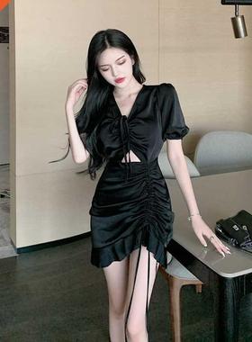 V-neck pleated short sleeve temperament female summer retro