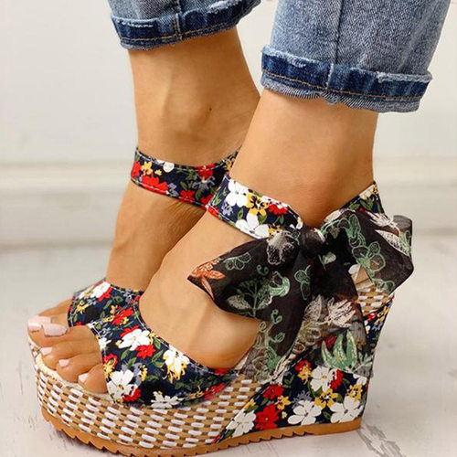 Women Sandals Dot Bowknot Design Platform Wedge Female Casua