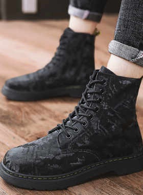 马丁靴男英伦风高帮真皮秋冬季内增高潮鞋迷彩中帮大码45工装靴男