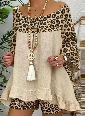 Summer Vintage Leopard Patchwork Outfits Set Cotton Linen Sh
