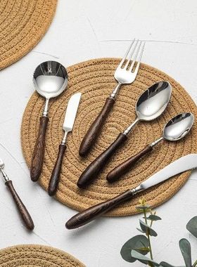 Set Peralatan Makan Gagang Kayu Baja Tahan Karat Set