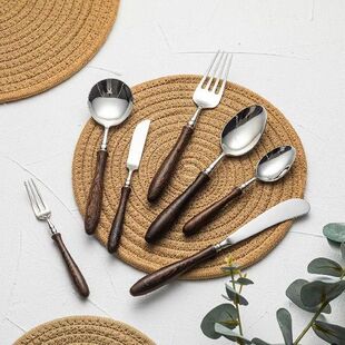 Set Peralatan Makan Gagang Kayu Baja Tahan Karat Set