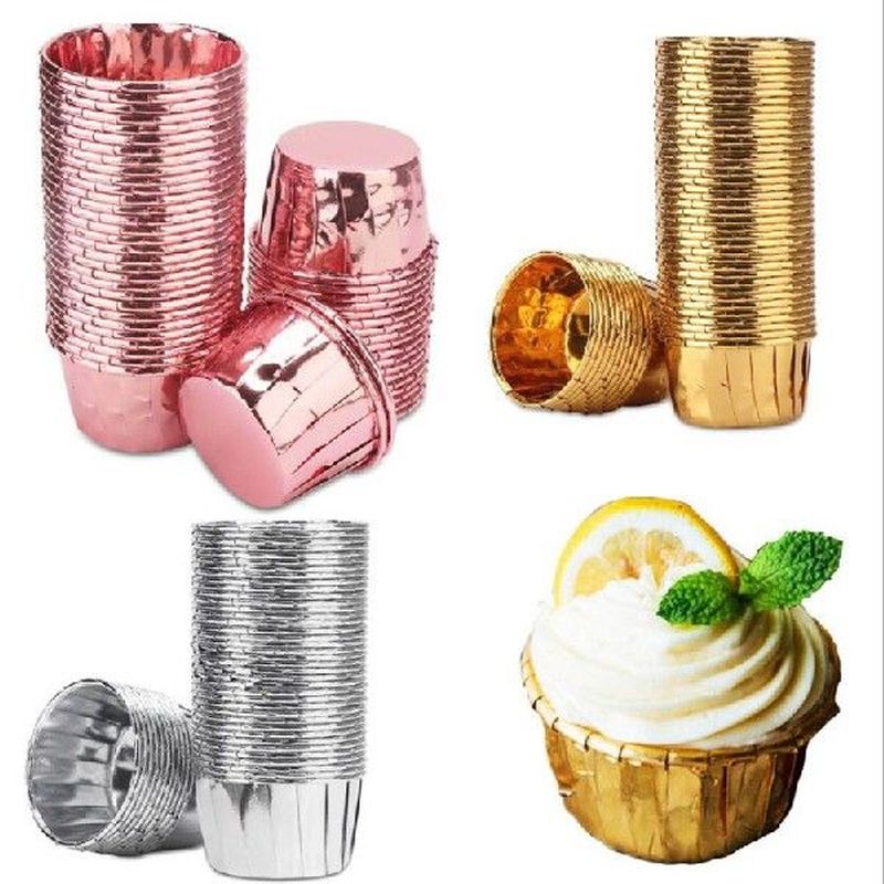 50PC Aluminum Foil Muffin Cupcake Paper Cups Gold Silver