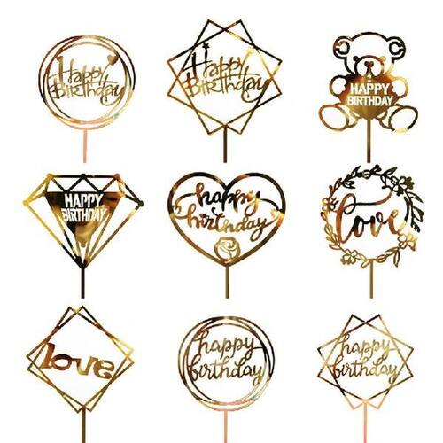 Flowers Cake Topper Happy Birthday Gold Silver Party Cake