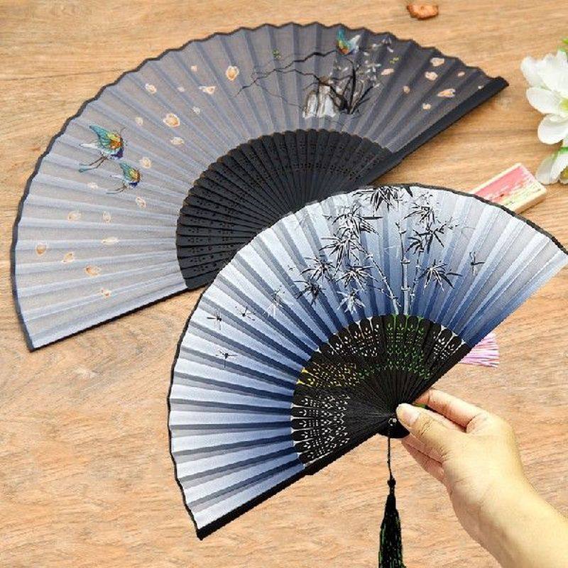 vintage silk folding fan retro chinese japanese bamboo