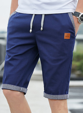 Men Casual Summer Plaid Patchwork Pockets Buttons Fifth Pant