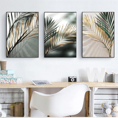 Nordic Wall Art Golden Palm Leaf Plant  Painting Poster Prin