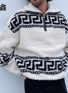 Men's loose stand-up collar plush sweater top casual