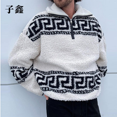 Men's loose stand-up collar plush sweater top casual