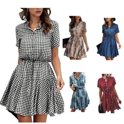 Collar buttons printing short sleeve lashing women dress