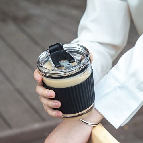 350Ml 300ML Glass straw milk coffee cup with lid cold brew m