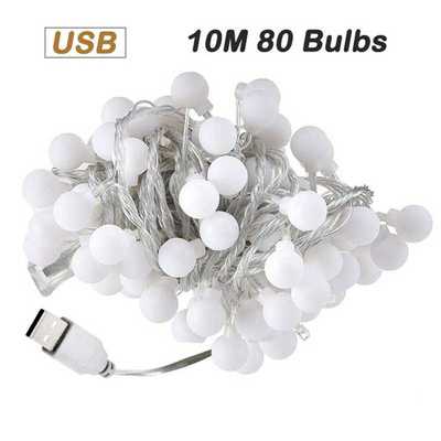 10M LED Light Strips USB 80 Round Bulbs Warm Lighting Romant
