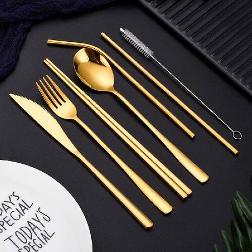 Stainless Steel Fork Scoop Chopsticks Straw Brush Set