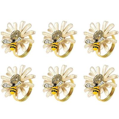 Set of 6 Daisy Sunflower Napkin Rings, Gold Bee Napkin Ring