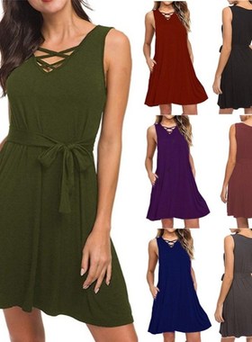 2022 hot sleeveless collar belt dress