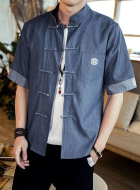 Men's Vintage Sweatshirt中国风牛仔短袖衬衫男士盘扣刺