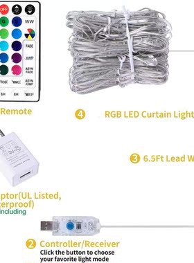 3*3m 300 RGB Led Curtain Lights Strings with USB Port Remote