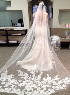 One Layer Lace Edge White Ivory Cathedral  Wedding Veil Long
