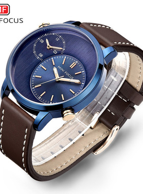 Men's waterproof belt Watch石英表休闲手表双时区皮表