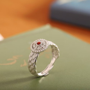 新款镶嵌南红玛瑙戒指蕾丝麻花女开口可调节女戒指