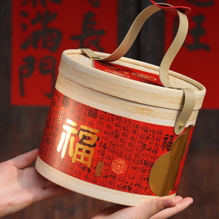 2026新年烫金福气满满抱抱桶年货特产腊味纸罐礼盒仿竹纹圆筒包装
