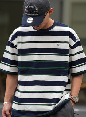 Procano日系宽松休闲纯棉t恤圆领潮流百搭条纹短袖男女夏季情侣衫