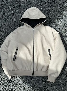 Procano24AW洗褪pu皮衣外套连帽夹棉加厚拉链秋冬保暖潮流棉服男