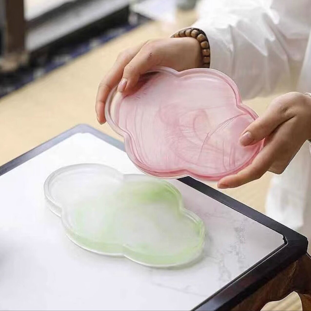 新中式云雾海棠花磨砂干炮台家用玻璃茶盘jbc