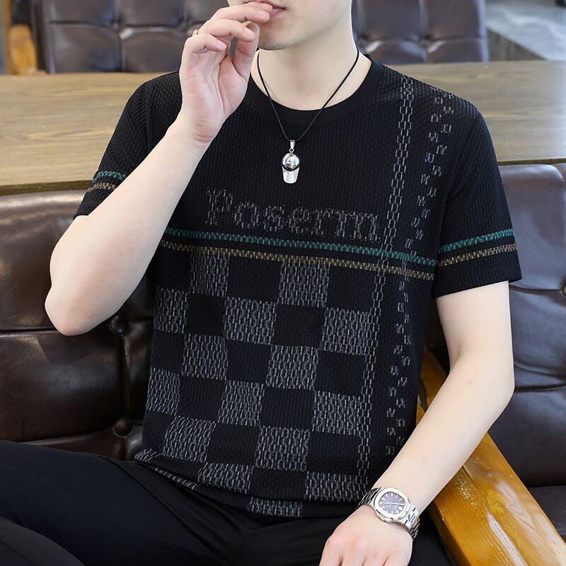 2026夏季新款冰丝短袖t恤男潮流格子圆领修身薄款速干男士上衣服