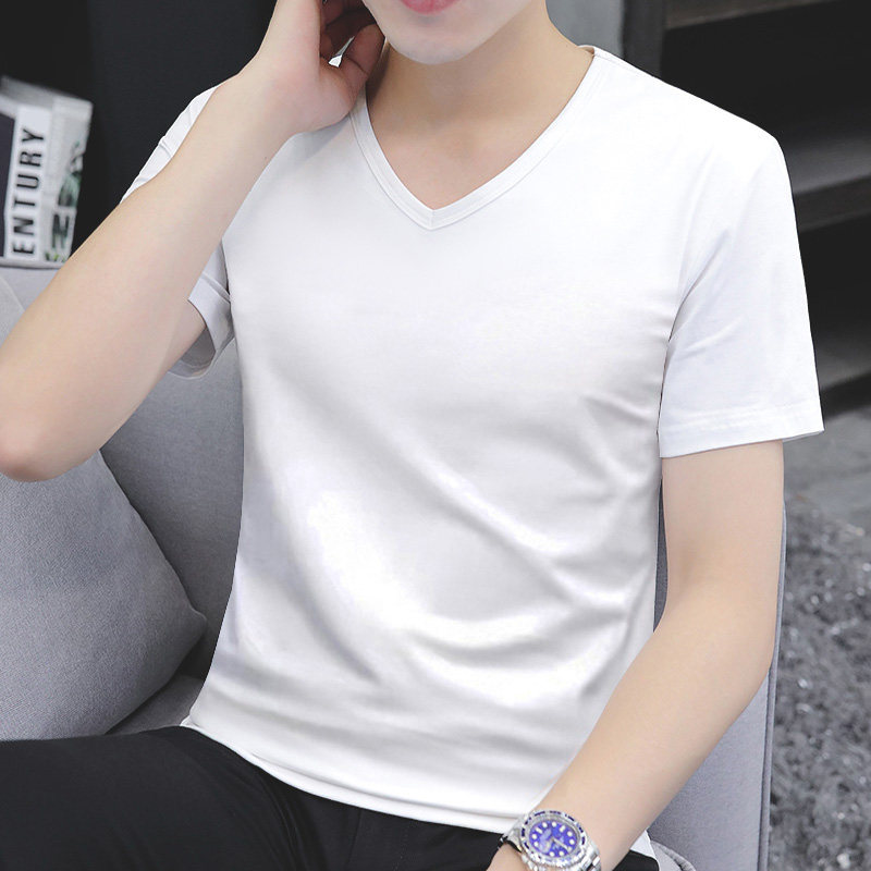 2025夏季男士短袖t恤男新款鸡心领纯色纯棉V领修身内搭打底衫体恤