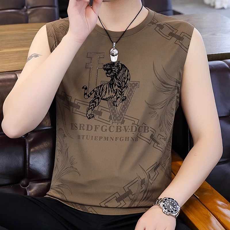 品牌男士冰丝提花背心2025夏季薄款加肥加大码速干男装无袖T恤衫