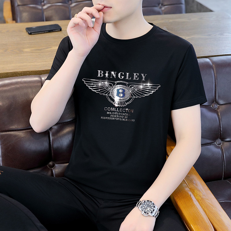 品牌夏季冰丝短袖t恤男新款潮牌烫钻圆领修身男士夏装半袖体恤帅