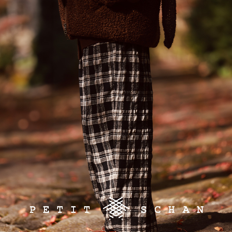 小闪羊毛棉混纺松紧腰格纹萝卜裤