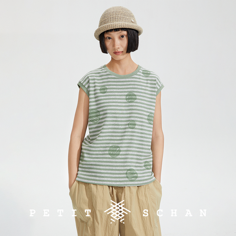 小闪条纹波点绿色无袖背心