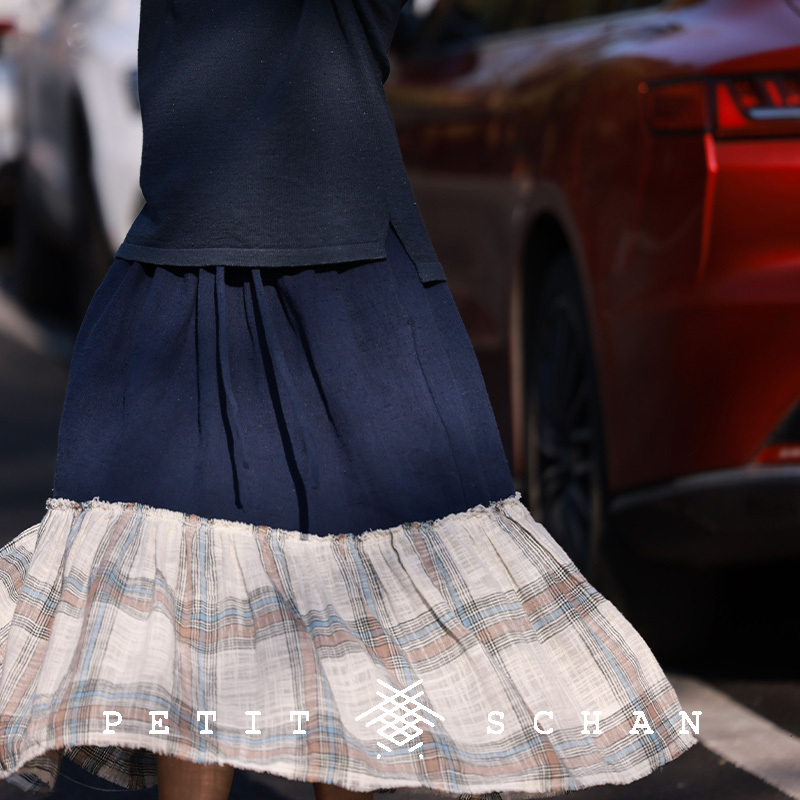 小闪棉麻松紧腰法式文艺拼接伞裙