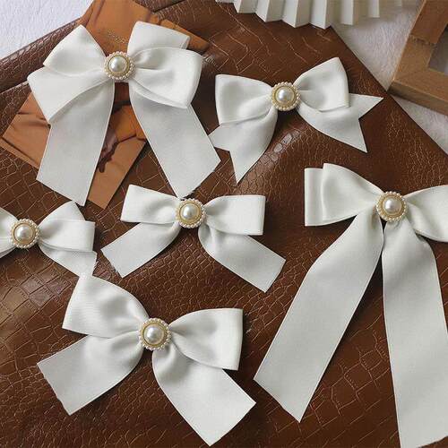 White Ribbon Pearl Bow Hair Accessories Vacant Girls Cute Te