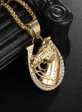 Hip Hop Shiny Zircon Gold Color Horse Head Pendant Necklaces