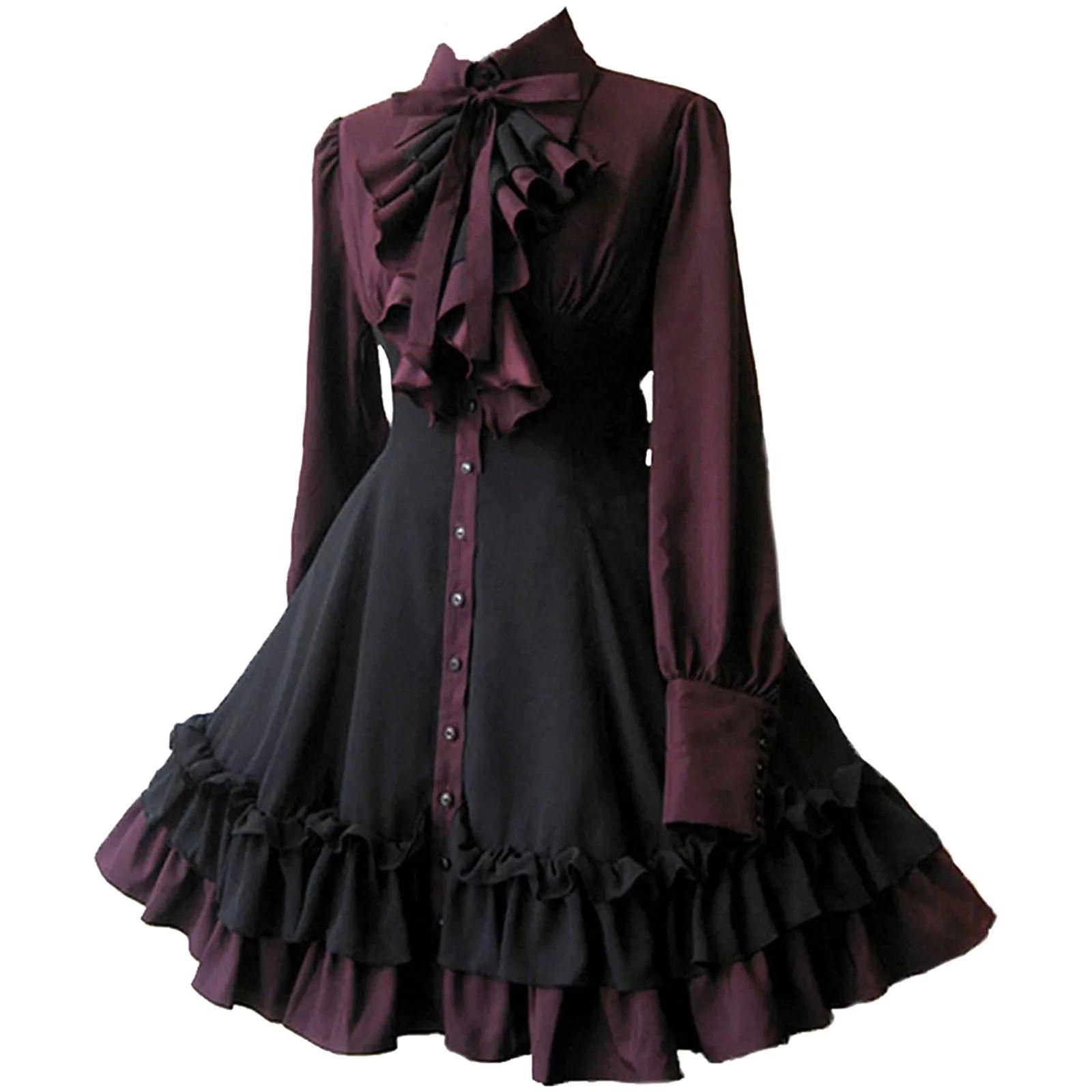 Women Vintage Palace Lolita Dress Bow Collar High Waist Vict