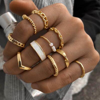 Retro inlaid Pearl White edge ring 10 Piece Set rings women