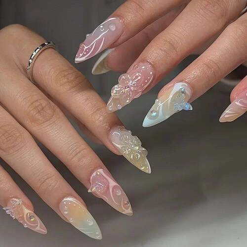 24pcs Summer Fake Nails Press on Almond Wearable 3D Butterfl