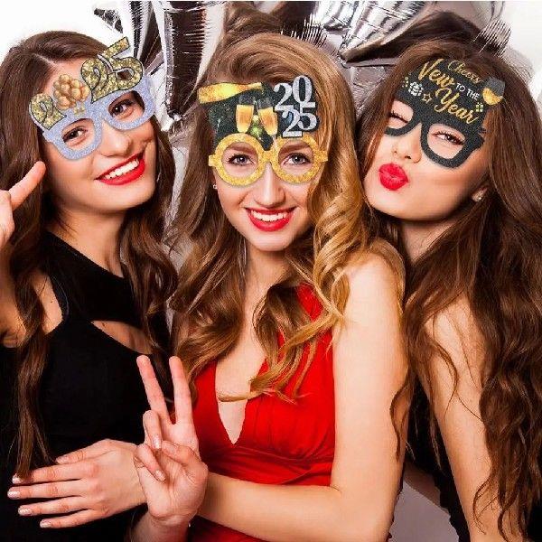 4pcs Cartoon 2025 New Year Glasses Frame Funny Sequin Black