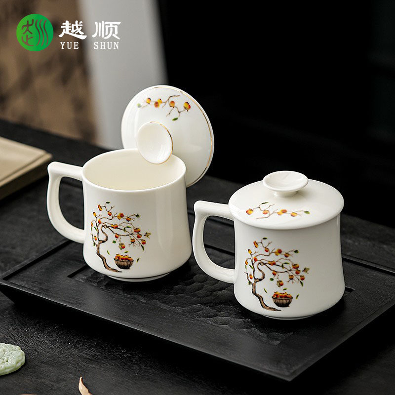 羊脂玉白瓷茶杯陶瓷水杯创意柿柿如意家用喝茶个人杯办公会议杯子