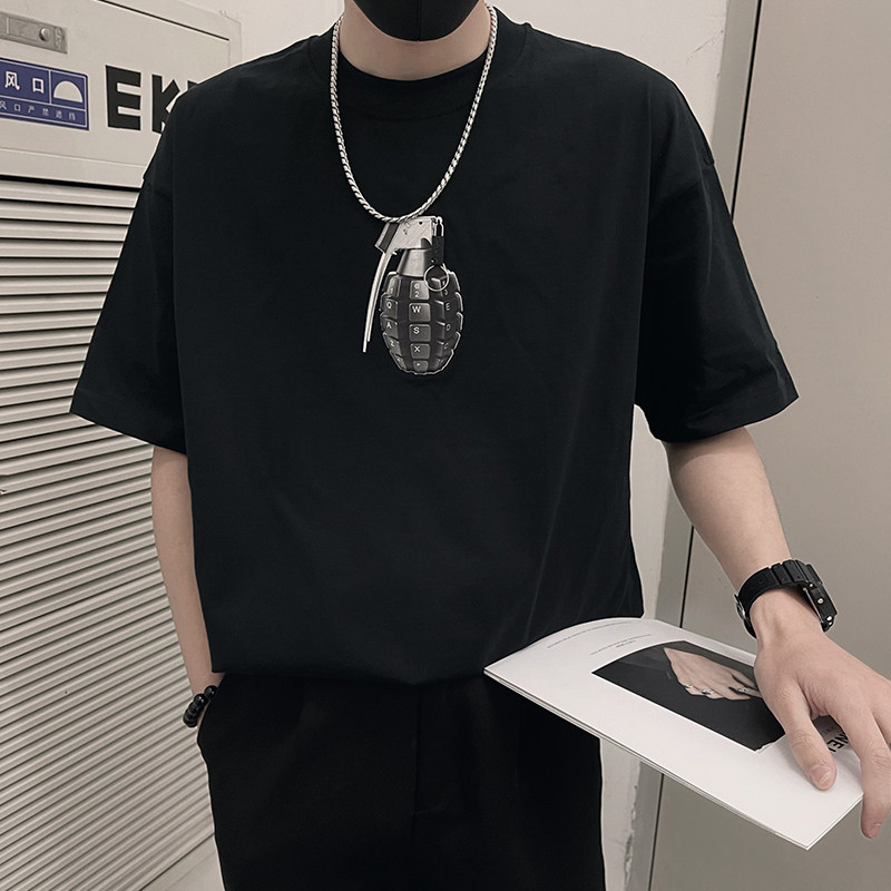 T52/P48控68夏季美式潮牌3D印花图案痞帅短袖T恤男社会小伙黑,男装T恤,电商A366