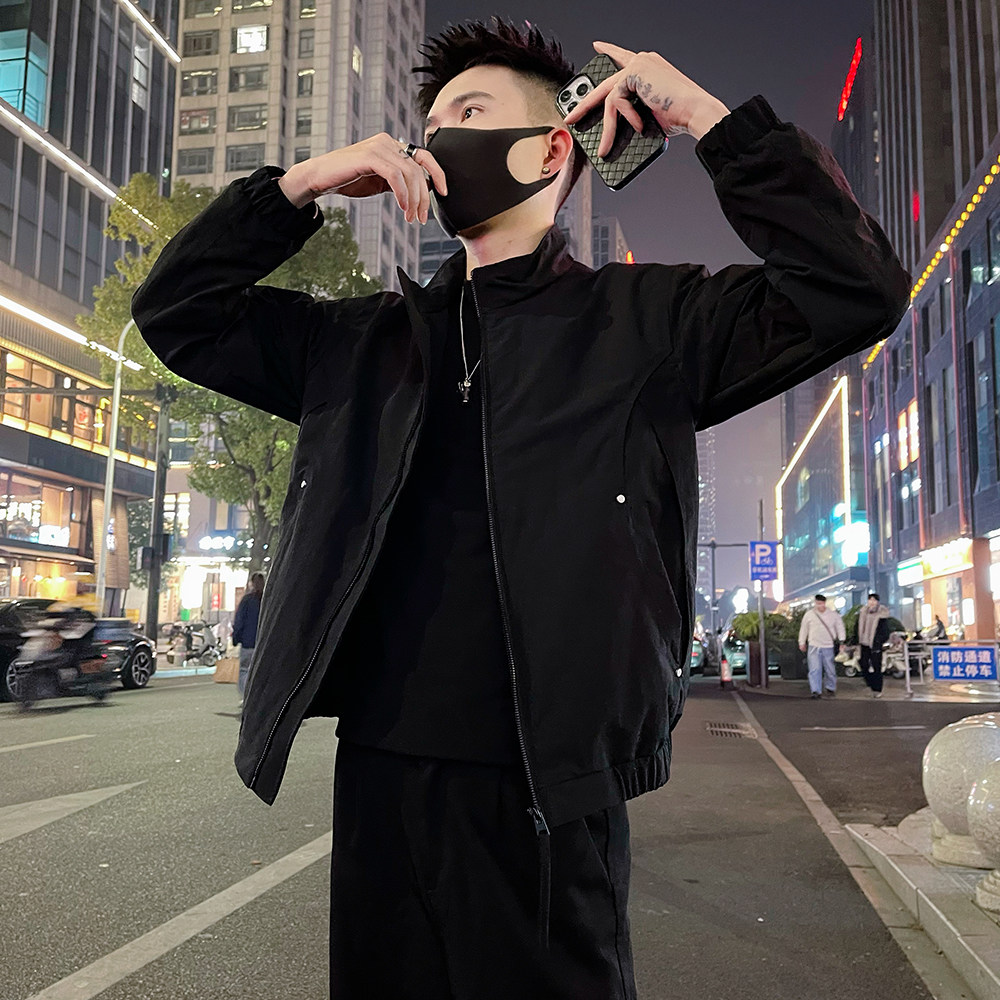 J93/P98控145潮牌痞帅春款立领铆钉饰夹克外套男士上衣黑3，男装夹克，电商A366