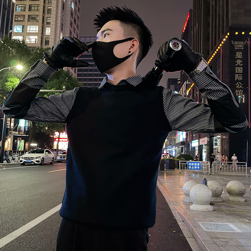 MY02/P88控118假两件长袖男士衬衫领青年内搭秋冬季条纹针织衫白,男装针织衫/毛衣,电商A366