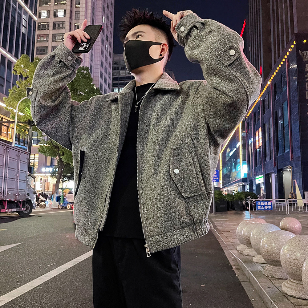 J79P138控178潮牌解构设计痞帅高级感翻领毛呢夹克外套上衣黑1,男装夹克,电商A366