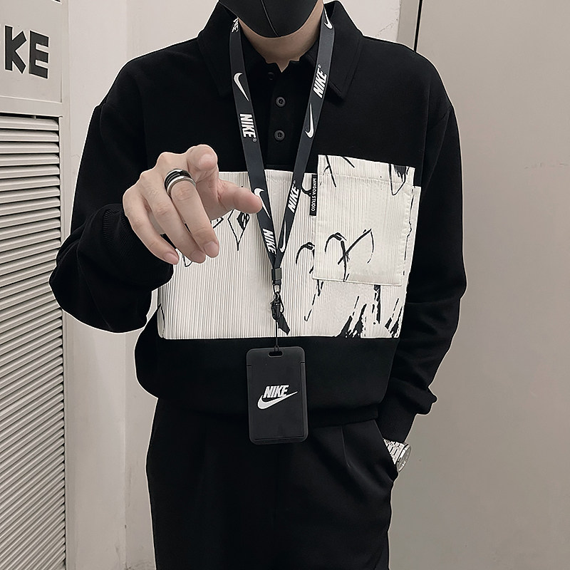 W11/P68春季不规则拼接肌理感提花Polo领高级感卫衣精神小伙黑1,男装卫衣,电商A366