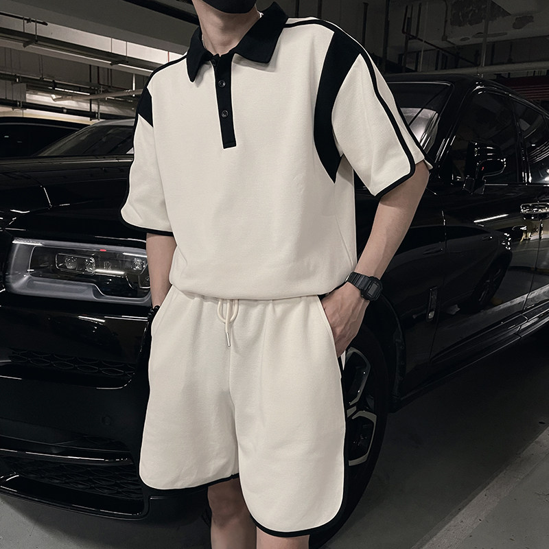 TZ01特P105控1492025夏季新款美式撞色设计感短袖休闲两件套杏1,男装休闲套装,电商A366