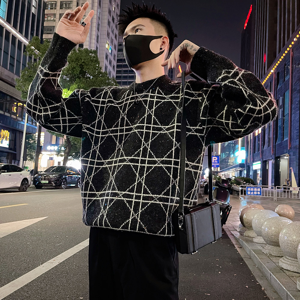 MY90/P98控138时尚菱形格加厚百搭基础针织打底衫潮男痞帅上衣,男装T恤,电商A366