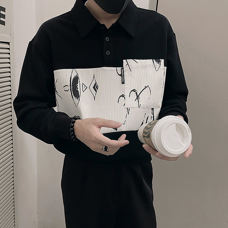 W11/P68 春季不规则拼接肌理感提花Polo领高级感卫衣精神小伙黑1图片